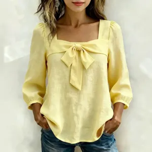 Donna elegante blusa casual con collo quadrato e maniche lunghe, bellissimo top giallo.