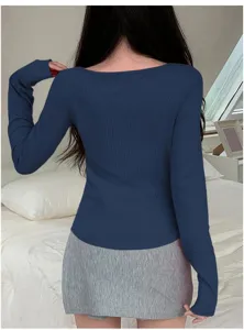 Slim fit solid color long sleeve ribbed knit top for women, casual basic t-shirt apparel.