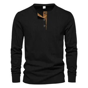 Camisa Henley de manga larga para hombre waffle casual slim fit retro con botonera contraste