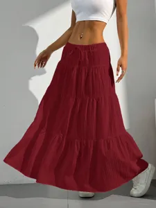 Burgundy tiered maxi skirt with drawstring waist, casual long skirt detail view for women.