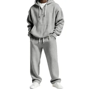 Men casual waffle knit hoodie and sweatpants set autumn winter sportswear grey top