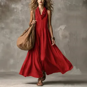 Summer sleeveless V-neck maxi dress, loose bohemian swing long dress for women holiday.