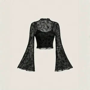 Women's Casual Long Sleeve Stand Collar Sheer Mesh Flocked Floral Print Top And Cami Layered Top For Women