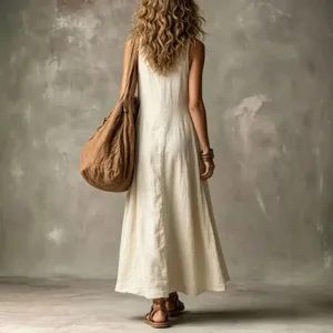 Summer sleeveless V-neck maxi dress, loose casual long linen dress for women vacation wear
