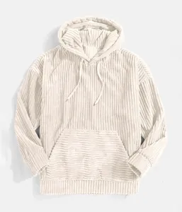 Men casual corduroy hoodie with kangaroo pocket and adjustable drawstring hood detail.