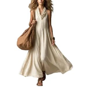 Summer sleeveless cowl neck loose long dress for women, casual boho swing maxi dress.