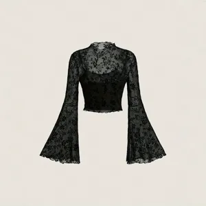 Black mesh floral flocking long sleeve top with camisole two-piece set main image