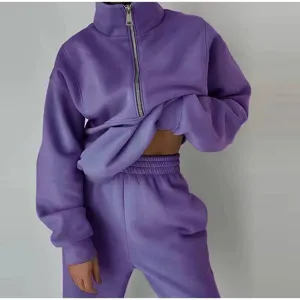 Purple half-zip fleece sweatshirt and sweatpants two piece set for women street style.