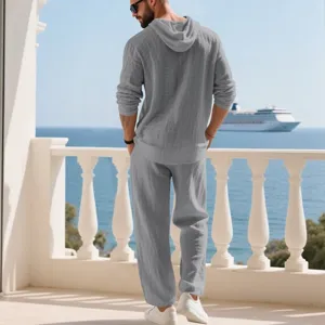 Men's casual linen two-piece set, long sleeve hooded shirt and pants for autumn season.