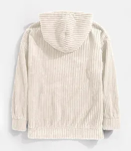 Back view detail of men's thick corduroy hooded sweatshirt in solid white, cozy winter style.