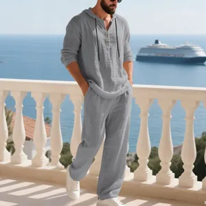 Men's casual linen hooded long sleeve henley shirt and trousers two piece set for autumn.