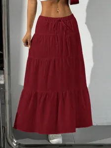 Women's Casual High Waist Tiered Long Maxi Skirt with Drawstring Casual Boho Solid Color