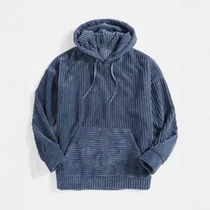 Men's Thickened Corduroy Hoodie Long Sleeve Solid Color Drop Shoulder Pullover Sweatshirt with Kangaroo Pocket Casual Winter Top