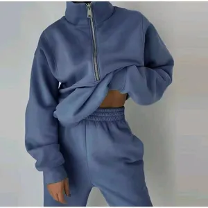 Women Quarter-Zip Fleece Sweatshirt And Sweatpants Matching Set Casual Streetwear Blue