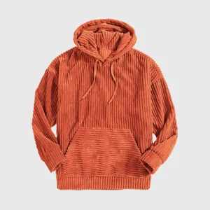 Men thickened corduroy hoodie long sleeve solid color kangaroo pocket dropped shoulder top