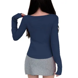 Women's slim fit ribbed long sleeve solid color knit top back view casual chic shirt