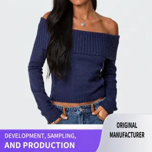 Dames Casual Effen Kleur Schouderloos Langarm Pullover Trui Slim Fit Geribbelde Knit Top