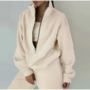 Women casual activewear fleece zip-up sweatshirt and sweatpants two piece set beige