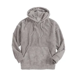 Men's Solid Corduroy Hoodie Thickened Long Sleeve Hooded Sweatshirt with Kangaroo Pocket