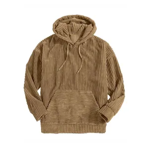 Men's solid color thick corduroy hooded sweatshirt with kangaroo pocket and long sleeves
