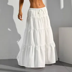 Casual white tiered maxi skirt for women with drawstring waist and swing hem for daily wear