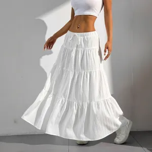 White tiered maxi skirt for women, casual high waist drawstring long skirt with flared hem.