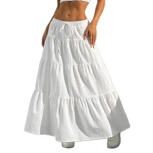 White tiered maxi skirt for women casual boho long skirt with drawstring elastic waist.