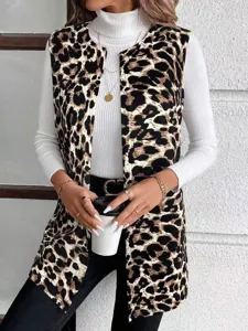 Mujer estampado leopardo sin mangas chaleco abrigo invierno moda casual ropa moda