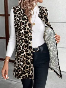 Chaleco sin mangas elegante con estampado de leopardo para mujer y moda casual diaria.