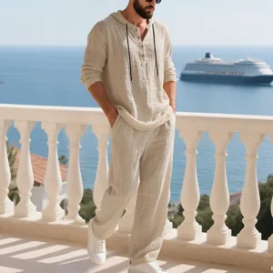 Detail shot of the men's casual linen hooded henley shirt and matching loose trousers set.