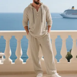 Men Casual Linen Set Hooded Long Sleeve Henley Shirt And Pants Autumn Beach Outfit