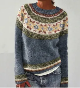 Women's crew neck color block loose knit sweater with retro Nordic pattern for casual daily wear.
