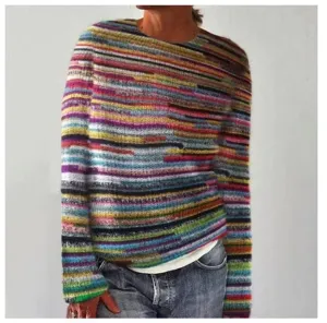 Close-up detail of a colorful striped crew neck knit sweater with a relaxed casual fit.