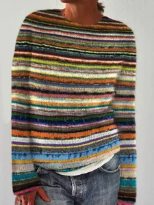 Women's colorful striped knit sweater, casual round neck loose pullover top for daily wear.