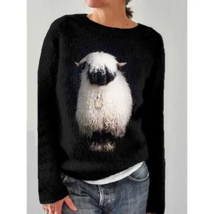 Women black knit sweater detail showcasing cute sheep graphic print casual pullover top design