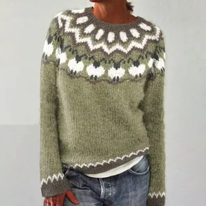 Women round neck colorblock long sleeve knit sweater detailed view showcasing cozy winter pullover.