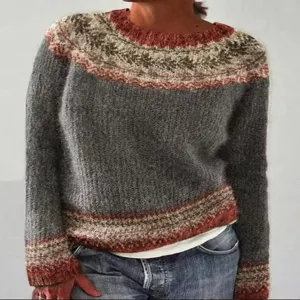 Casual women's grey colorblock crewneck long sleeve knitted pullover sweater main view