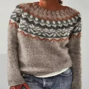 Women's casual round neck colorblock long sleeve sweater winter warm knit pullover top