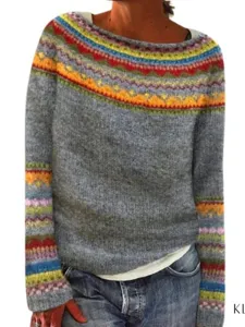 Women grey crewneck knit sweater with colorful nordic pattern long sleeve casual pullover.