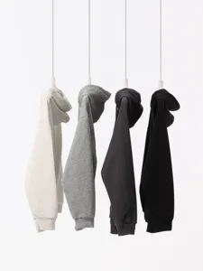 Solid color cotton fleece zipper hooded sweatshirt hanging in four colors for autumn style.