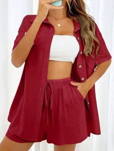 Women casual short sleeve shirt button down shorts set summer two piece outfit wine red