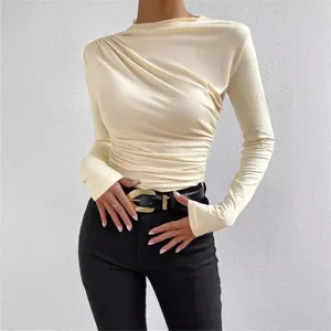 Solid color slim fit base top with stylish pleated design, casual long sleeve women shirt.