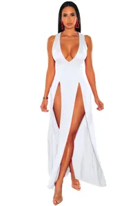 Summer deep V neck high slit maxi dress sexy nightclub bandage dress for women white
