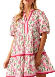 Details of the floral print short sleeve V-neck tiered mini dress, stylish casual loose fit.