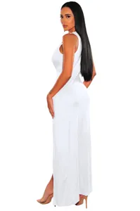 Side view detail of a elegant women solid white sleeveless deep V split long summer dress.