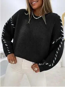 Black knit sweater detail, womens long sleeve pullover with white side lace-up design.