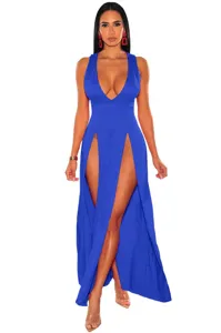 Detailed close-up view of the sexy deep V-neck high slit maxi dress for summer parties.