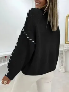 Women casual loose knit sweater with round neck and long sleeves with stylish lace-up details.
