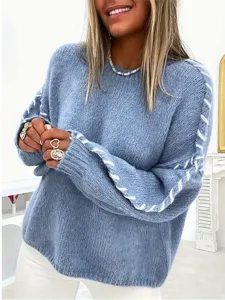 Women casual solid color crew neck long sleeve knit sweater with stylish string details.