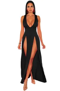 Sexy deep V neck high slit long dress black sleeveless bandage nightclub party dress for women